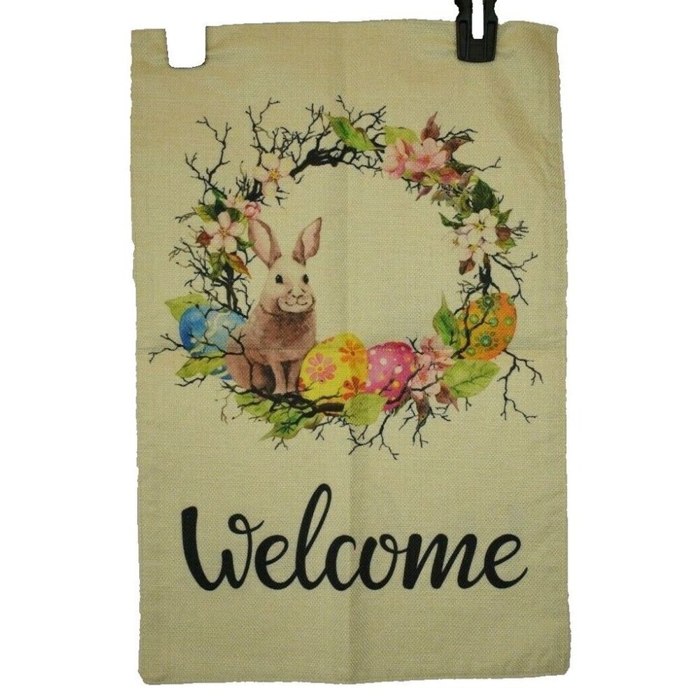 Easter Garden Flag Welcome Floral Wreath with Rabbit Patterns 12 x 18